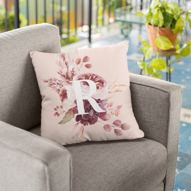Modern Pastel Pink & Red Floral With Initial Outdoor Pillow (Creator Uploaded)
