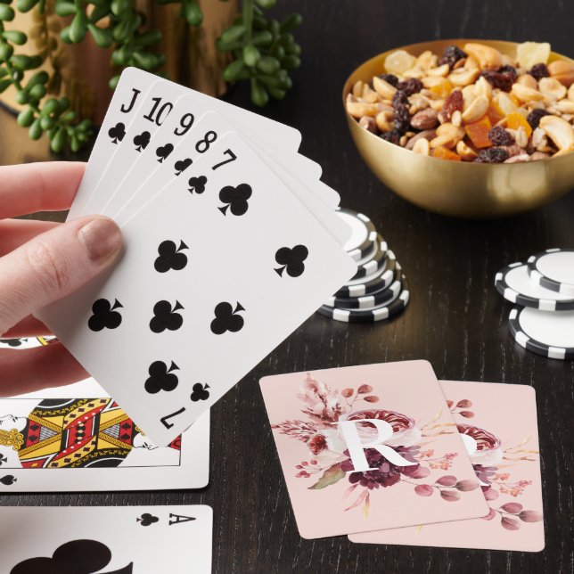 Modern Pastel Pink & Red Floral With Initial Poker Cards (In Situ)