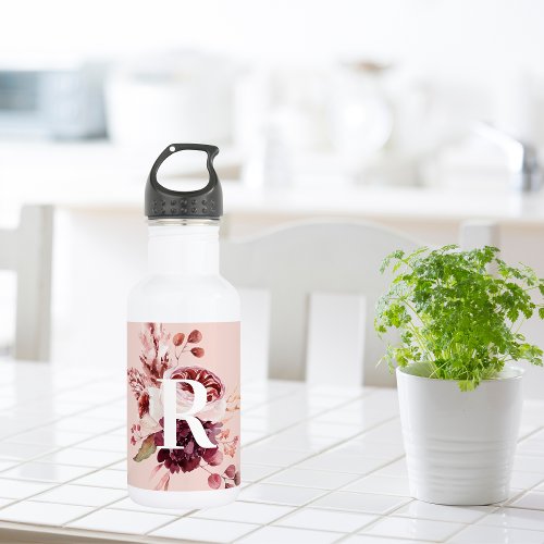 Modern Pastel Pink  Red Floral With Initial Stainless Steel Water Bottle