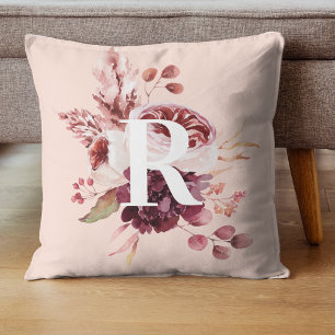 Modern Pastel Pink & Red Floral With Initial Throw Pillow