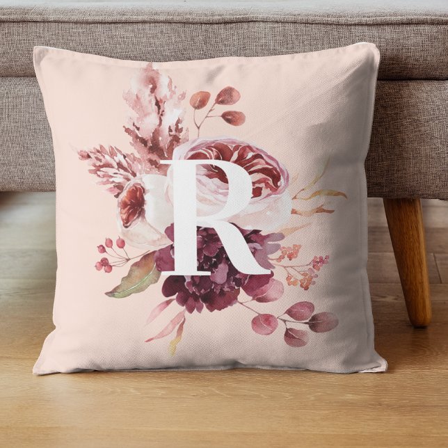 Modern Pastel Pink & Red Floral With Initial Throw Pillow (Creator Uploaded)