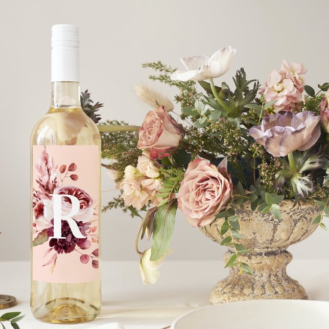 Modern Pastel Pink & Red Floral With Initial Wine Label (Creator Uploaded)