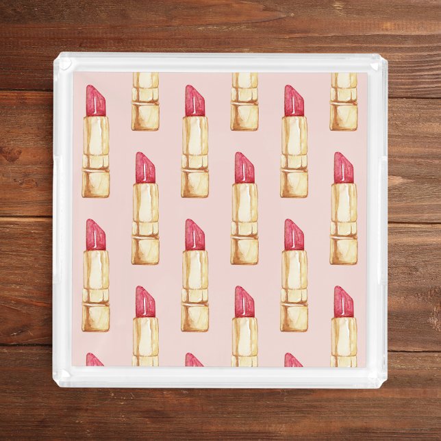 Modern Pastel Pink & Red Lipstick Pattern Girly Acrylic Tray (Creator Uploaded)