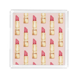 Modern Pastel Pink &amp; Red Lipstick Pattern Girly Acrylic Tray