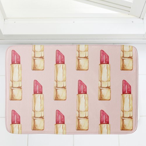 Modern Pastel Pink  Red Lipstick Pattern Girly Bath Mat