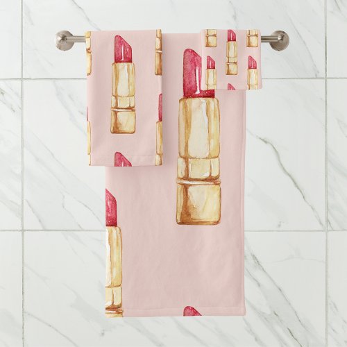 Modern Pastel Pink  Red Lipstick Pattern Girly Bath Towel Set