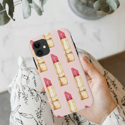 Modern Pastel Pink &amp; Red Lipstick Pattern Girly iPhone 11 Case