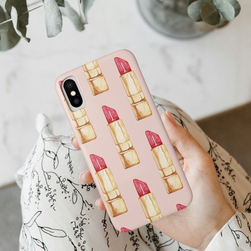 Modern Pastel Pink  Red Lipstick Pattern Girly iPhone XS Case