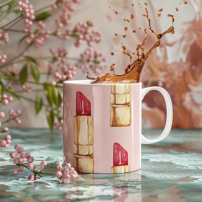 Modern Pastel Pink & Red Lipstick Pattern Girly Coffee Mug (Creator Uploaded)