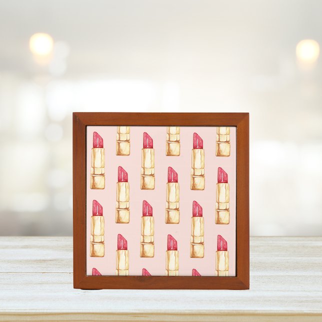 Modern Pastel Pink & Red Lipstick Pattern Girly Desk Organizer (Creator Uploaded)
