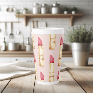 Modern Pastel Pink & Red Lipstick Pattern Girly Latte Mug