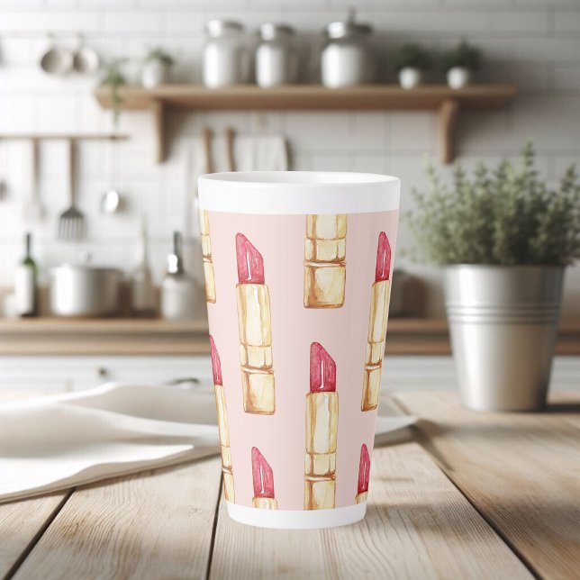 Modern Pastel Pink & Red Lipstick Pattern Girly Latte Mug (Creator Uploaded)