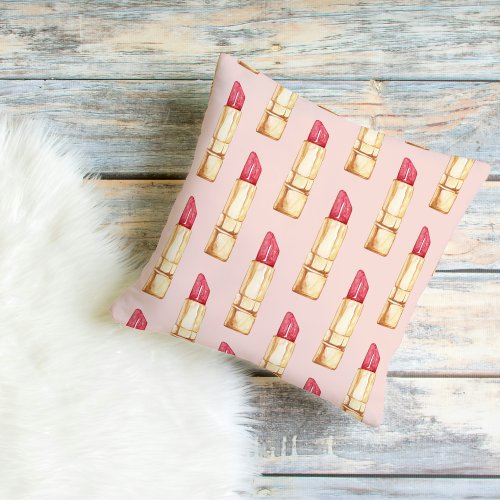 Modern Pastel Pink  Red Lipstick Pattern Girly Outdoor Pillow