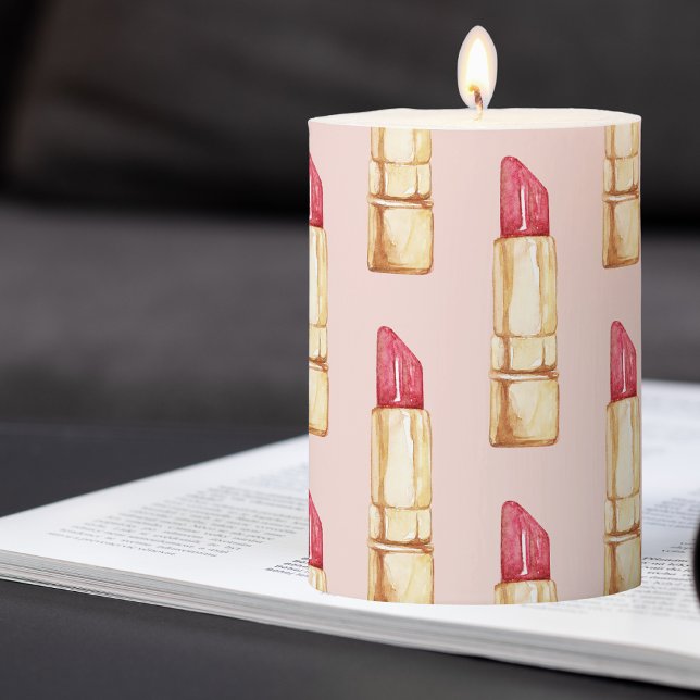 Modern Pastel Pink & Red Lipstick Pattern Girly Pillar Candle (Creator Uploaded)