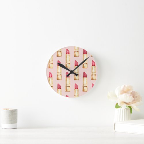 Modern Pastel Pink & Red Lipstick Pattern Girly Round Clock