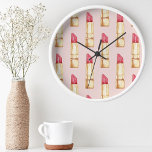 Modern Pastel Pink & Red Lipstick Pattern Girly Round Clock<br><div class="desc">Modern Pastel Pink & Red Lipstick Pattern Girly</div>