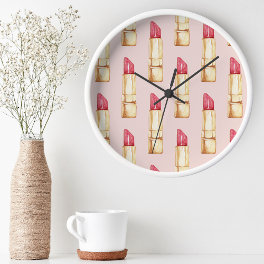 Modern Pastel Pink & Red Lipstick Pattern Girly Round Clock