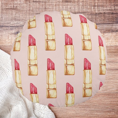 Modern Pastel Pink  Red Lipstick Pattern Girly Round Pillow