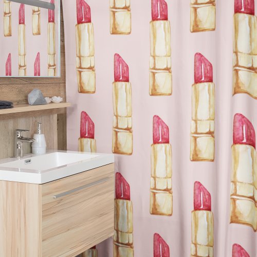 Modern Pastel Pink  Red Lipstick Pattern Girly Shower Curtain