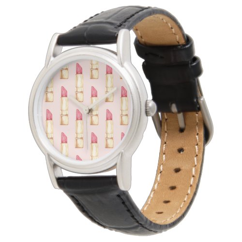 Modern Pastel Pink  Red Lipstick Pattern Girly Watch