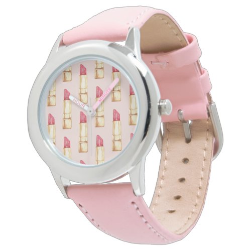 Modern Pastel Pink  Red Lipstick Pattern Girly Watch