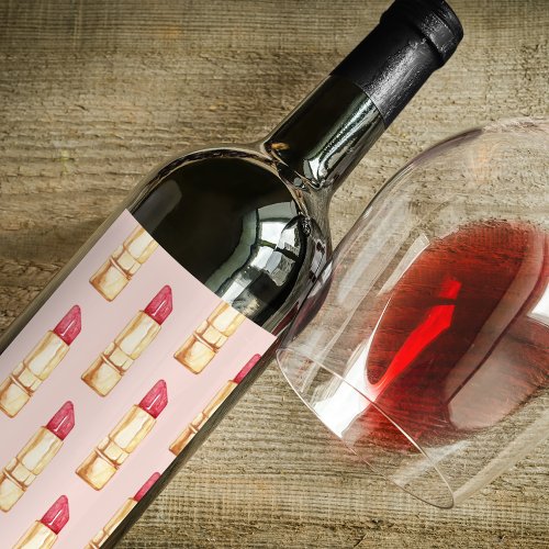 Modern Pastel Pink  Red Lipstick Pattern Girly Wine Label