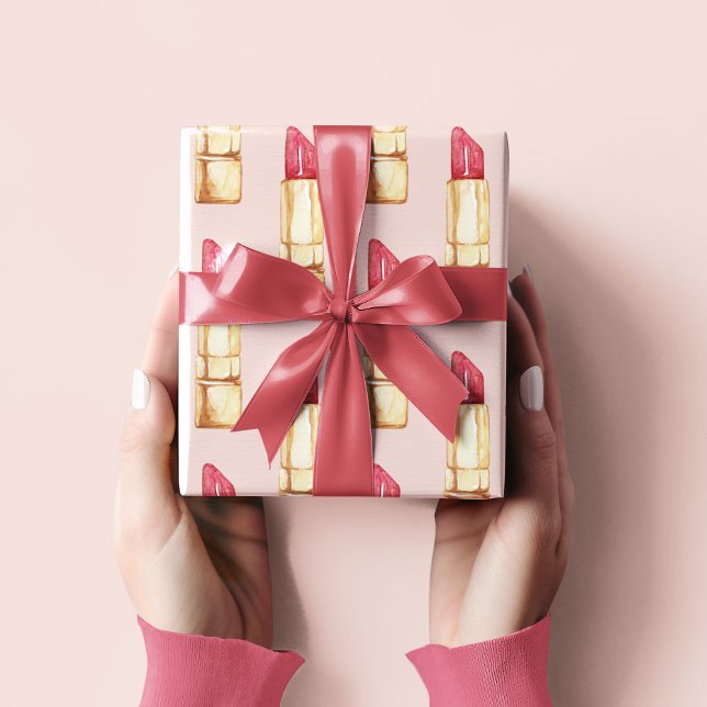 Modern Pastel Pink & Red Lipstick Pattern Girly Wrapping Paper (Creator Uploaded)