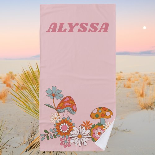 Modern Pastel Pink Retro Mushrooms and Floral  Beach Towel