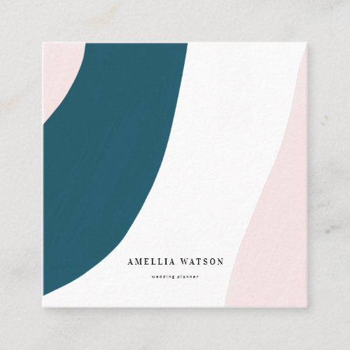 Modern Pastel Pink Teal  White Brush Strokes Square Business Card