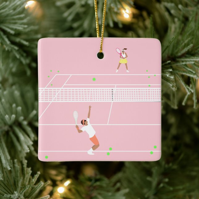 Modern Pastel Pink Tennis Match Ceramic Ornament (Tree)