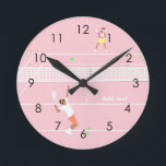 Modern Pastel Pink Tennis Match Round Clock<br><div class="desc">Modern pink tennis match illustration on pink tennis court.</div>