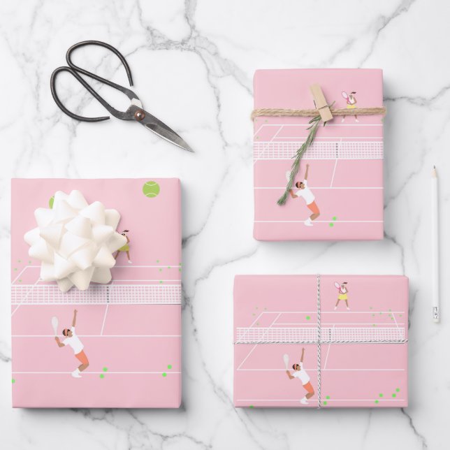 Modern Pastel Pink Tennis Match Wrapping Paper Sheets (Front)