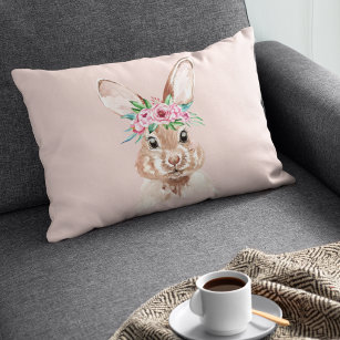 Modern Pastel Pink Watercolor Bunny With Flowers  Accent Pillow