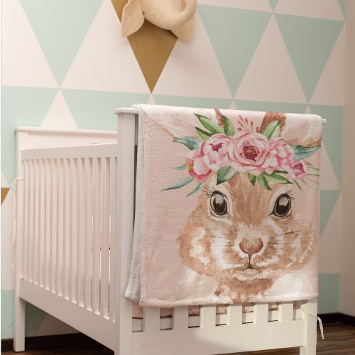 Modern Pastel Pink Watercolor Bunny With Flowers Baby Blanket