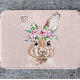Modern Pastel Pink Watercolor Bunny With Flowers  Bath Mat