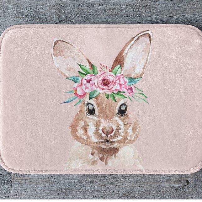Modern Pastel Pink Watercolor Bunny With Flowers  Bath Mat (Creator Uploaded)