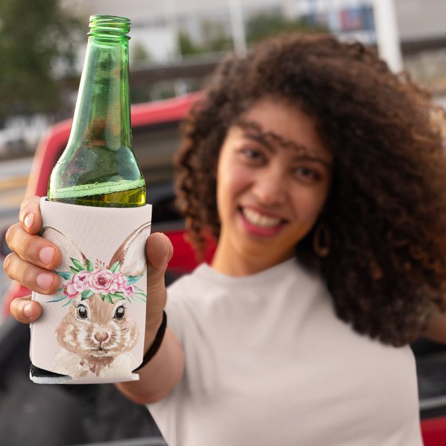 Modern Pastel Pink Watercolor Bunny With Flowers Can Cooler (Creator Uploaded)