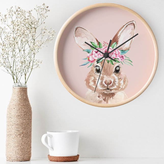 Modern Pastel Pink Watercolor Bunny With Flowers Clock (Creator Uploaded)