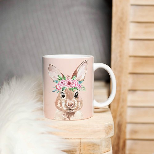 Modern Pastel Pink Watercolor Bunny With Flowers Coffee Mug