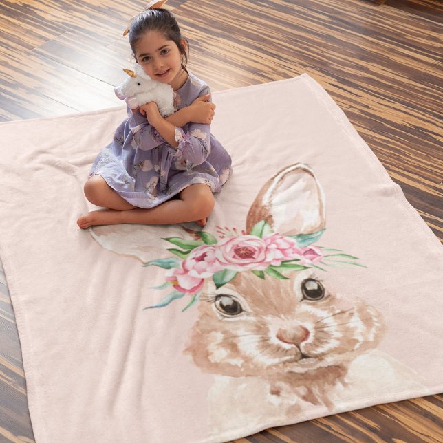 Modern Pastel Pink Watercolor Bunny With Flowers  Fleece Blanket (Creator Uploaded)