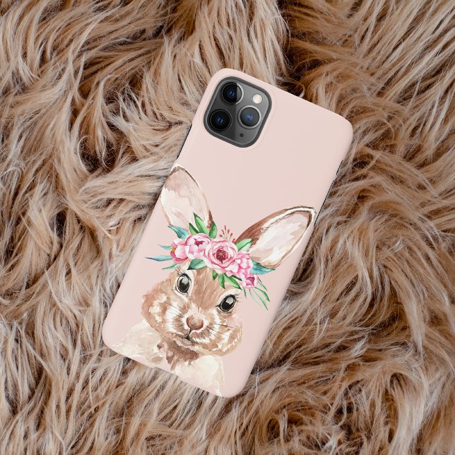 Modern Pastel Pink Watercolor Bunny With Flowers iPhone Case (Creator Uploaded)