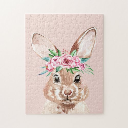 Modern Pastel Pink Watercolor Bunny With Flowers  Jigsaw Puzzle