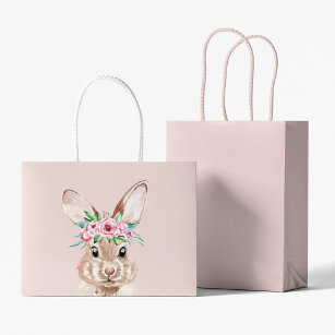 Modern Pastel Pink Watercolor Bunny With Flowers Large Gift Bag