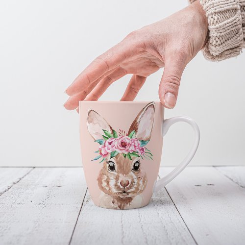 Modern Pastel Pink Watercolor Bunny With Flowers Latte Mug