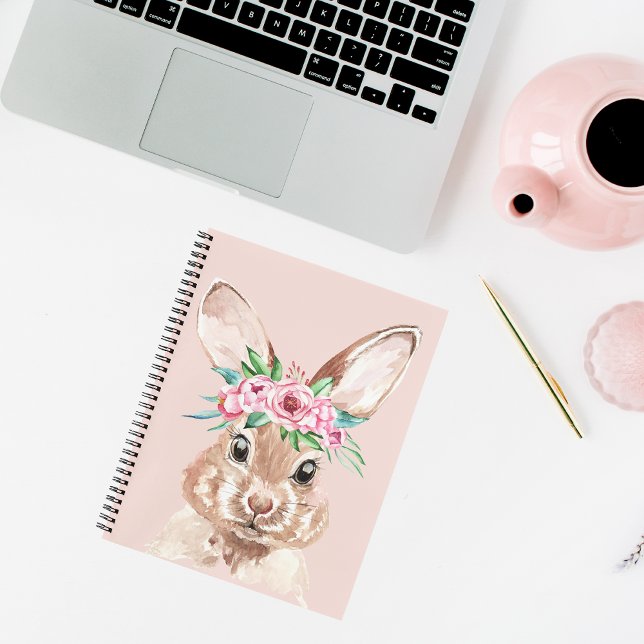 Modern Pastel Pink Watercolor Bunny With Flowers Notebook (Creator Uploaded)