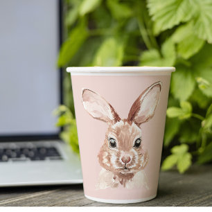 Modern Pastel Pink Watercolor Bunny With Flowers Paper Cups