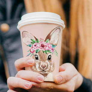 Modern Pastel Pink Watercolor Bunny With Flowers Paper Cups