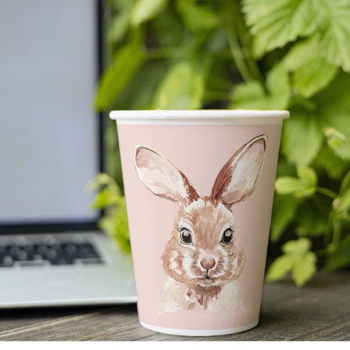 Modern Pastel Pink Watercolor Bunny With Flowers  Paper Cups