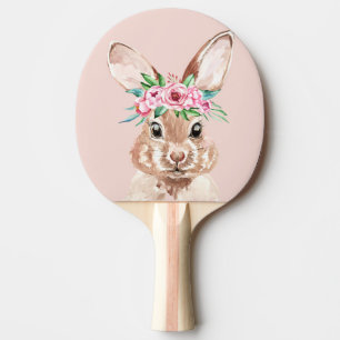 Modern Pastel Pink Watercolor Bunny With Flowers Ping Pong Paddle