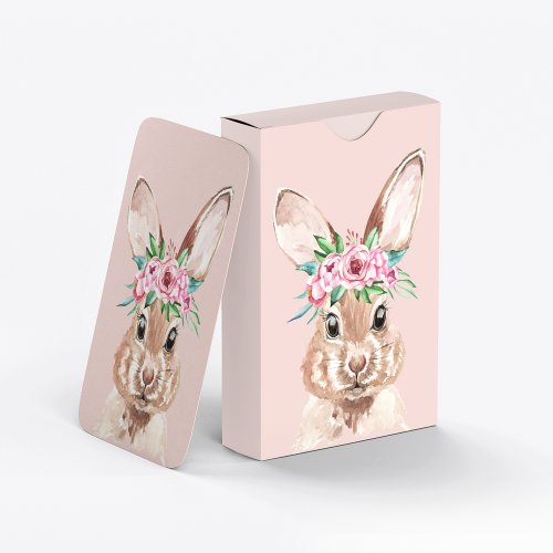 Modern Pastel Pink Watercolor Bunny With Flowers  Playing Cards
